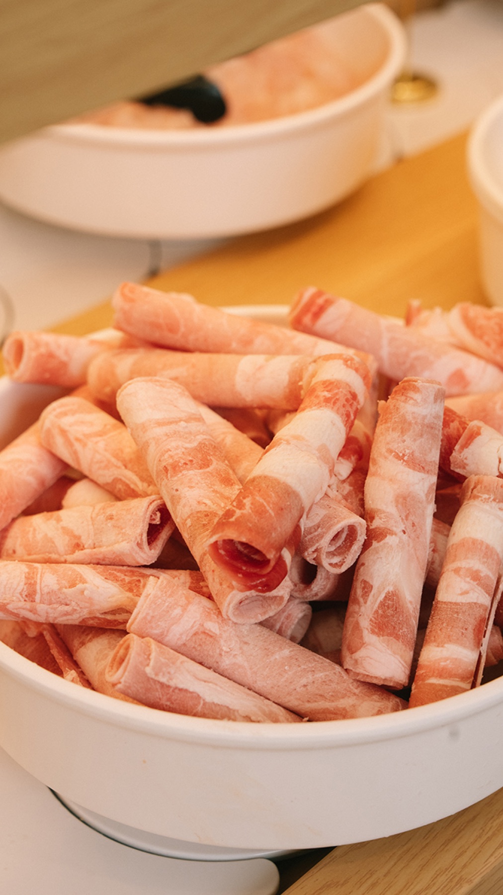 Thinly sliced rolled meat ready for hotpot