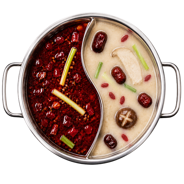 A half-and-half hotpot with two soup flavours
